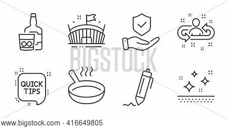 Whiskey Glass, Insurance Hand And Recruitment Line Icons Set. Frying Pan, Signature And Arena Signs.