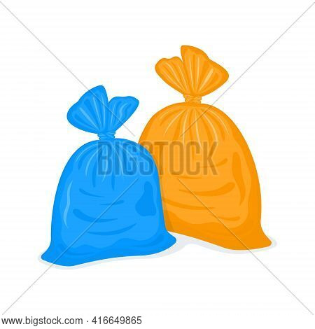 Tied Plastic Garbage Bags. Filled Rubbish Packages Isolated On White Background. Blue And Orange Pac