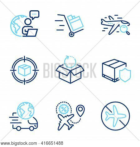 Transportation Icons Set. Included Icon As Search Flight, Push Cart, Flight Mode Signs. Return Packa