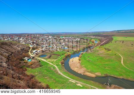 Panorama Of Village Furceni In Moldova And River Raut  . Famous Rustic Touristic Place In Moldova