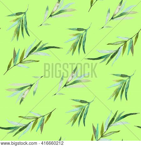 Seamless Pattern With Olive Branches And Olives. Watercolor Hand Drawing