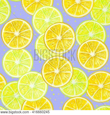 Seamless Pattern With Watercolor Vintage Lemon Slices And Bubbles.
