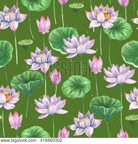 Artistic Seamless Patterns With Watercolor Painted Lotus Flowers And Leaves For Fabric And Other Des