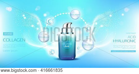 Hyaluronic Acid Collagen Cosmetic Bottle Mockup. Beauty Moisturize Skin Cosmetics Product Tube On Bl