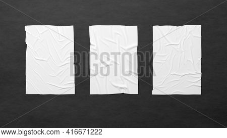 Three White Wrinkled Posters On The Black Concrete Wall. Glued Paper Banners. 3d Rendered Mockup.