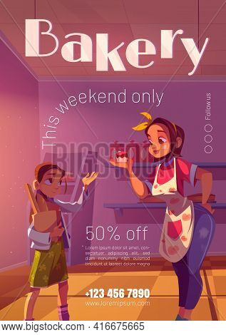 Bakery Poster With Special Offer. Vector Flyer Of Pastry Store With Cartoon Illustration Of Bakery S
