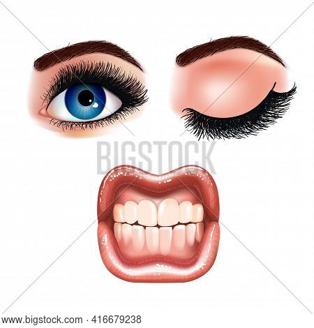 Set Of Beautiful Female Eyes With Extended Eyelashes And Shining Mouth With Glossy Lips. Grinning Te