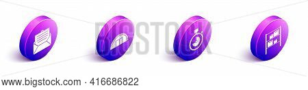 Set Isometric Envelope, Warehouse, Stopwatch And Warehouse Icon. Vector