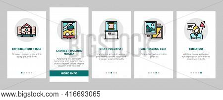 Museum Gallery Exhibit Onboarding Mobile App Page Screen Vector. Museum Building And Paint, Sculptur