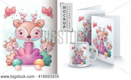 Deer In Boosh Poster And Merchandising. Vector Eps 10