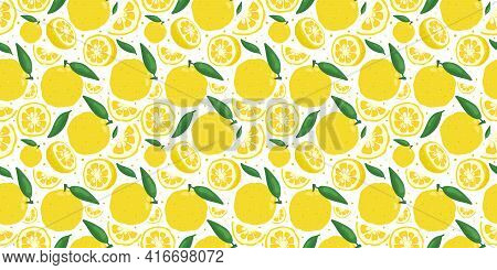 Yuzu Japanese Citron Fruit Seamless Pattern Vector Illustration Isolated On White Background. Full, 