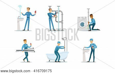 Professional Plumbers, Handymen In Blue Uniform Fixing Sanitary Engineering And Pipes, Repair Servic