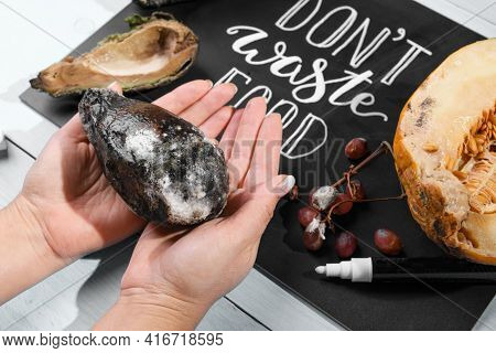 Close Up Of Female Hand Holding A Moldy Avocado On A Chalkboard With Don't Waste Food Lettering And 