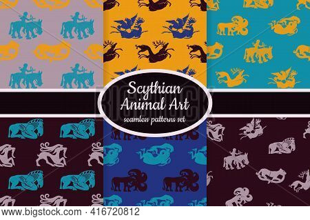 Collection Of Seamless Patterns With Ancient Scythian Art And Animal Motifs Designed For Web, Fabric