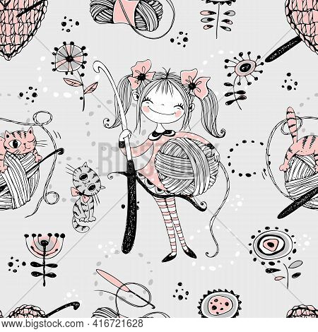 Cute Girls Needlewomen Crochet Knitters. Seamless Pattern.vektor.