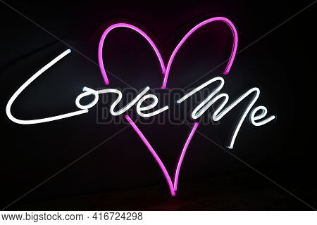 White And Pink Neon Heart With The Inscription Love Me. Trendy Style. Wedding Design Neon Sign. Cust