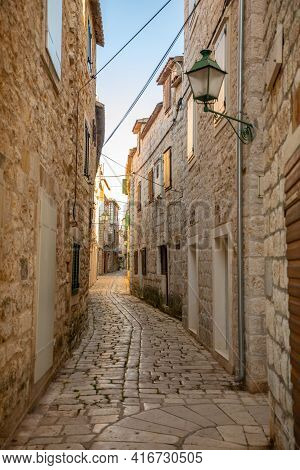 Stari Grad, Croatia - 28.03.2021: Old Street Without Tourists In Stari Grad, Croatia