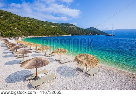 Kefalonia, Greece. Aerial View Of The Antisamos Beach.