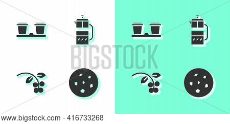 Set Cookie Or Biscuit, Coffee Cup To Go, Bean, Branch And French Press Icon. Vector