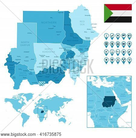 Sudan Detailed Administrative Blue Map With Country Flag And Location On The World Map. Vector Illus