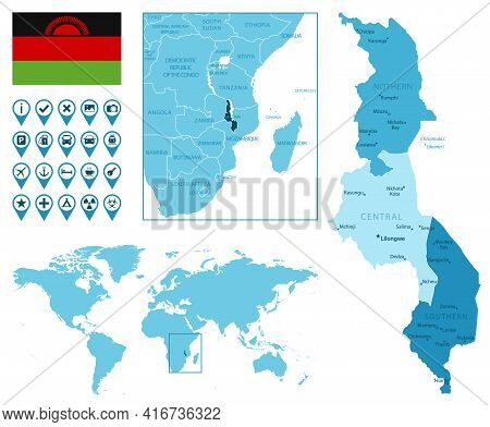 Malawi Detailed Administrative Blue Map With Country Flag And Location On The World Map. Vector Illu