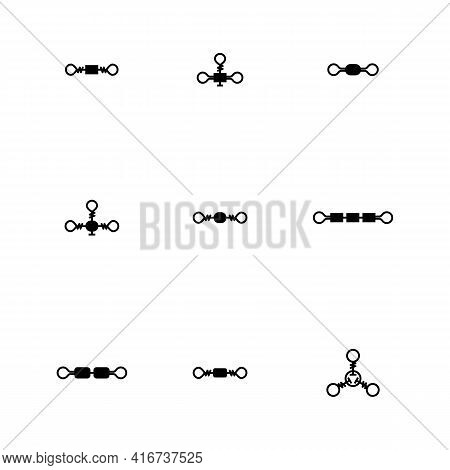 Fishing Accessories, Set Of Various Fishing Swivels. Black Silhouettes On A White Background, Vector