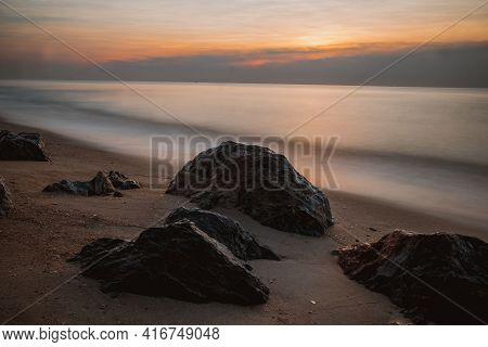 Long Exposure Sea Rocks Magnificent Sunrise View At Sunrise Romantic Atmosphere In Peaceful Morning 