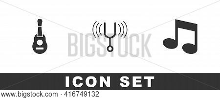 Set Guitar, Musical Tuning Fork And Note, Tone Icon. Vector