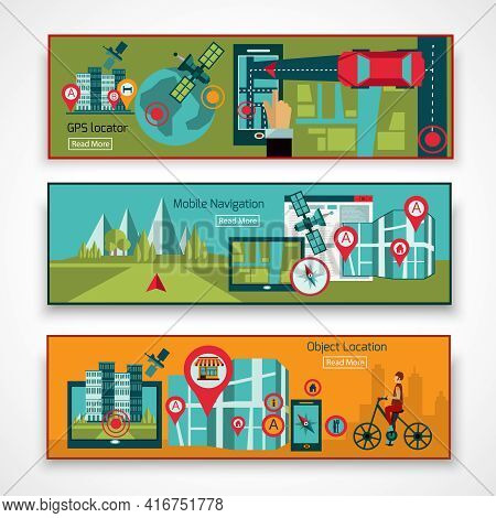 Gps Navigation Horizontal Banner Set With Mobile Object Location Elements Isolated Vector Illustrati
