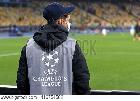 Kyiv, Ukraine - October 27, 2020: Unidentified Young Ballboy In Training Bib With Uefa Champions Lea
