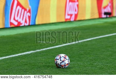 Kyiv, Ukraine - October 27, 2020: Official Uefa Champions League Match Ball On The Grass Seen During