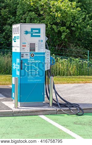 Otocec, Slovenia - June 12, 2019: Fast Charger For Electric Vehicles At Petrol Station Near Otocec, 