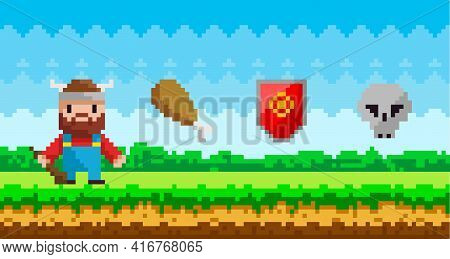 Pixel Art Game Background With Viking Warrior And Pixelated Magic Objects In Nature Landsape
