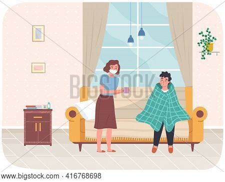 Woman Treats Young Man For Disease. Guy Drinks Hot Tea In Apartment. Sick People Spend Time At Home
