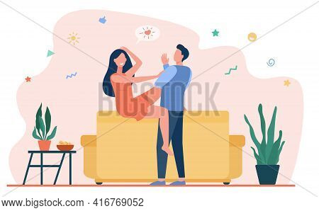 Happy Couple Chatting And Flirting In Living Room. Woman On Sofa Flirting With Boyfriend Flat Vector