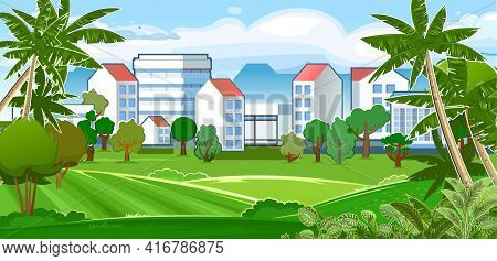 Large Southern City. Cityscape With Palm Trees. High-rise Buildings, Skyscrapers And High-rise Build