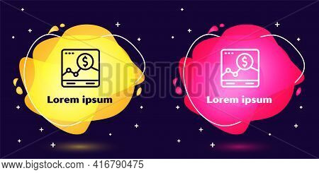 Set Line Website With Stocks Market Growth Graphs And Money Icon Isolated On Blue Background. Monito