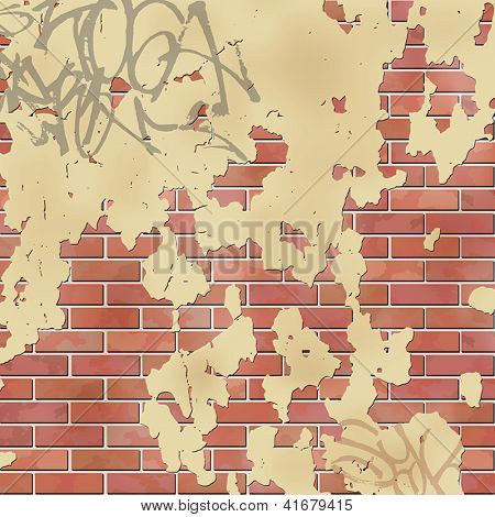 Um velho muro de tijolo com Peeling gesso e grafite