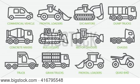 Icon Set Of Construction Equipment. Special Machines For The Construction Work. Special Equipment. C