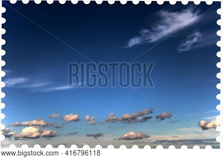 Vintage Postage Stamp Template. Postage Stamp With Sky And Clouds On A White Background. Flat Style 