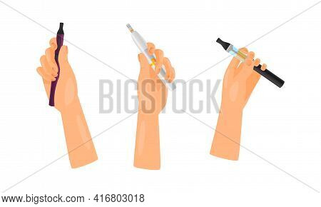 Hand With Electronic Cigarette Simulating Tobacco Smoking Vector Set
