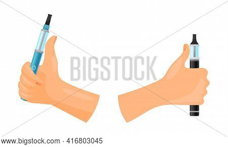 Hand With Electronic Cigarette Simulating Tobacco Smoking Vector Set