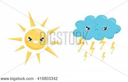 Cartoon Sun And Cloud With Different Facial Expression Vector Set