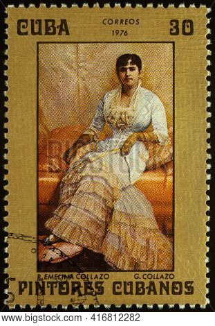Moscow, Russia - April 11, 2021: Stamp Printed In Cuba, Shows Painting R. Emelina Collazo By Cuban A