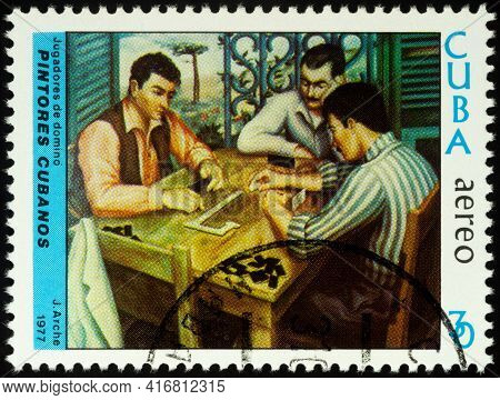 Moscow, Russia - April 12, 2021: Stamp Printed In Cuba, Shows Painting Domino Players By Jorge Arche