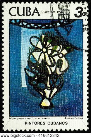 Moscow, Russia - April 09, 2021: Stamp Printed In Cuba, Shows Painting Still Life With Flowers By Cu