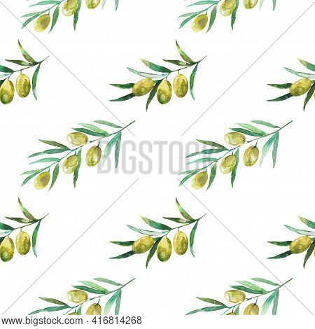 Seamless Pattern With Olive Branches And Olives. Watercolor Hand Drawing