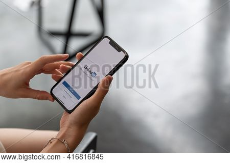 Chiang Mai, Thailand - Apr 4, 2021: Iphone 12 With Linkedin Application On The Screen. Linkedin Is A