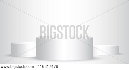 Abstract Three White Podium. 3d Product Background Studio Minimal Scene Platform. Stock Image. Vecto