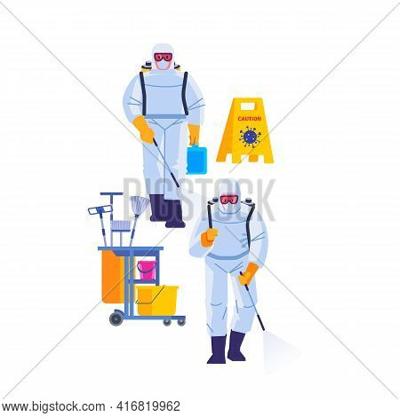 Covid-19 Coronavirus Disinfect. Disinfecting Workers Wear Protective Masks And Spacesuits Against Pa